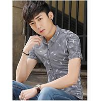 Men\'s Other Casual Simple Spring Summer Shirt, Striped Standing Collar Short Sleeve Cotton Thin