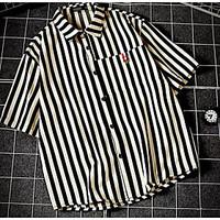 mens casual simple summer shirt striped stand short sleeve cotton thin