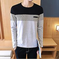 Men\'s Casual/Daily Simple T-shirt, Color Block Round Neck Long Sleeve Cotton