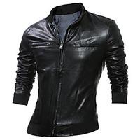 Men\'s Casual/Daily Simple Leather JacketsSolid Stand Long Sleeve Fall / Winter Black / Gray PU Thick