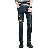 Men\'s Mid Rise Micro-elastic Jeans Pants, Simple Slim Pure Color Denim Ripped Solid