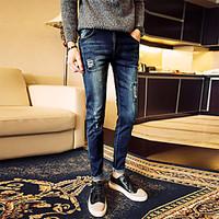 mens mid rise high elasticity jeans pants simple skinny pure color den ...