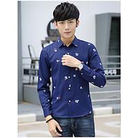 Men\'s Going out Casual/Daily Work Simple Shirt, Solid Print Square Neck Long Sleeve Cotton