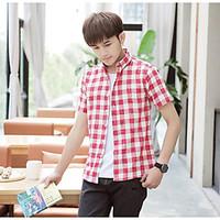 mens casual simple shirt plaidcheck square neck short sleeve cotton