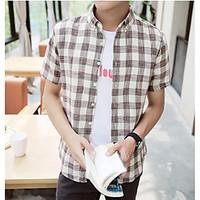 Men\'s Casual Simple Summer Shirt, Plaid/Check Square Neck Short Sleeve Cotton