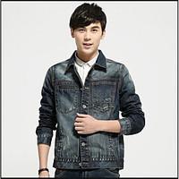 mens casualdaily simple spring fall denim jacket solid shirt collar lo ...