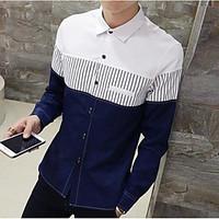 Men\'s Daily Simple Shirt, Striped Color Block Shirt Collar Long Sleeve Cotton