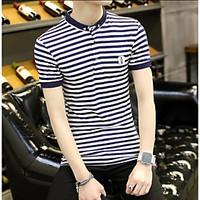 Men\'s Going out Simple Spring T-shirt, Striped Shirt Collar Short Sleeve Cotton Thin