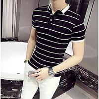 Men\'s Casual/Daily Simple T-shirt, Striped Stand Short Sleeve Cotton