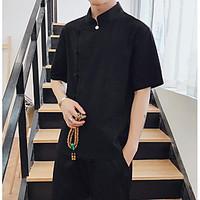Men\'s Casual Simple Summer Shirt, Solid Stand Short Sleeve Linen
