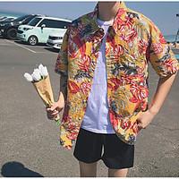 mens casual simple summer shirt floral stand short sleeve cotton