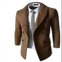 Men\'s Casual/Daily Simple Coat, Solid Shirt Collar Long Sleeve Fall / Winter Blue / Brown Wool Medium