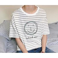 Men\'s Daily Casual Simple Street chic Summer T-shirt, Striped Round Neck ½ Length Sleeve Cotton Medium