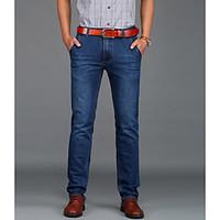 Men\'s Mid Rise Micro-elastic Jeans Pants, Simple Straight Slim Solid