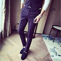 mens mid rise micro elastic business pants simple slim plaid