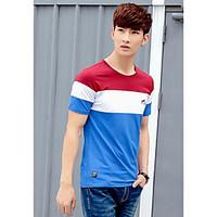 Men\'s Casual Simple Summer T-shirt, Color Block Round Neck Short Sleeve Cotton Thin