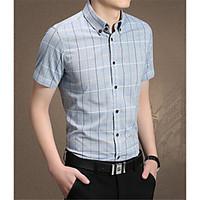 Men\'s Other Casual Simple Summer Shirt, Plaid/Check Standing Collar Short Sleeve Cotton Thin