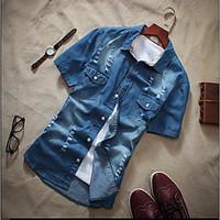 Men\'s Daily Vintage Simple Summer Shirt, Solid Shirt Collar Short Sleeve Cotton Medium
