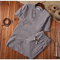 Men\'s Daily Casual Simple Street chic Summer T-shirt, Solid V Neck Short Sleeve Cotton Medium