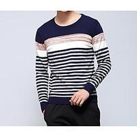 Men\'s Casual/Daily Simple Short Pullover, Striped Round Neck Long Sleeve Rayon Spandex Fall Medium Micro-elastic