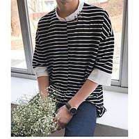 Men\'s Casual/Daily Simple Street chic Spring Summer T-shirt, Striped Patchwork Round Neck ½ Length Sleeve Cotton Thin