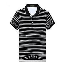 Men\'s Going out Simple T-shirt, Striped Shirt Collar Short Sleeve Cotton