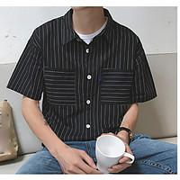 Men\'s Daily Casual Simple Summer Shirt, Solid Striped Shirt Collar Short Sleeve Cotton Thin