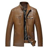 mens casualdaily simple leather jackets solid stand long sleeve fall w ...