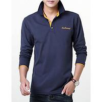 Men\'s Going out Simple Fall / Winter T-shirt, Solid Shirt Collar Long Sleeve Blue Cotton Medium