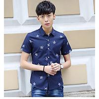 Men\'s Going out Casual/Daily Holiday Simple Summer Shirt, Solid Geometric Button Down Collar Short Sleeve Cotton Medium