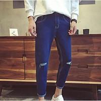 mens mid rise strenchy jeans pants simple slim pure color ripped solid