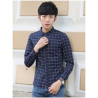 Men\'s Going out Casual/Daily Holiday Simple Summer Shirt, Solid Plaid Shirt Collar Long Sleeve Cotton Medium