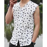 Men\'s Casual/Daily Simple Shirt, Print V Neck Sleeveless Polyester Thin