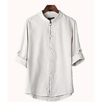 mens casualdaily simple shirt solid stand length sleeve linen thin