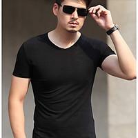 Men\'s Casual/Daily Simple Spring T-shirt, Solid Embroidered Deep U Short Sleeve Nylon Medium