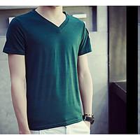Men\'s Going out Casual/Daily Vintage Simple Spring T-shirt, Solid V Neck Short Sleeve Cotton Medium