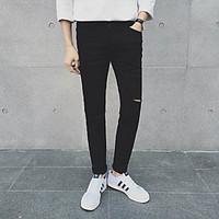 Men\'s Mid Rise Micro-elastic Jeans Pants, Street chic Slim Solid