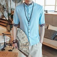 mens casualdaily simple t shirt solid stand length sleeve linen