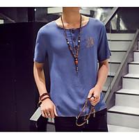 Men\'s Casual/Daily Simple Summer T-shirt, Letter Round Neck Short Sleeve Blue Black Cotton Medium