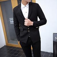 mens solid casual work blazer cotton polyester long sleeve black blue  ...