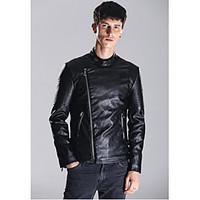 Men\'s Daily Casual Others Fall Winter Leather Jacket, Solid Stand Long Sleeve Regular Polyester