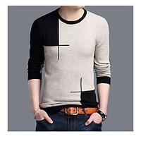 Men\'s Casual Vintage Regular Pullover, Solid Round Neck Long Sleeve Polyester Spring Fall Medium Micro-elastic