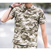 Men\'s Casual/Daily Simple T-shirt, Camouflage Stand Short Sleeve Cotton Thin