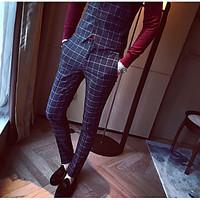 mens mid rise micro elastic business pants simple slim plaid