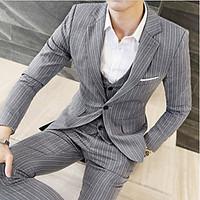 Men\'s Work Party Street chic Spring Fall Suit, Striped Notch Lapel Long Sleeve Regular Linen