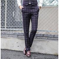 Men\'s Mid Rise Micro-elastic Business Pants, Simple Slim Plaid