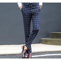 Men\'s Mid Rise Micro-elastic Business Pants, Simple Slim Plaid