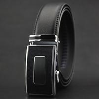 Men Fashion Business Automatic Buckle Black Leather Wide Belt, Work / Casual