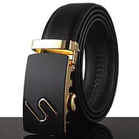 mens simple black leather alloy automatic buckle waist belt work casua ...