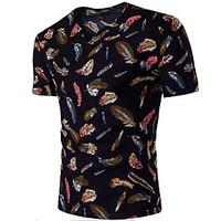 Men\'s Casual Daily Work Summer Cotton Linen V-collar Feather Printing Short-sleeved Pullover T-shirt